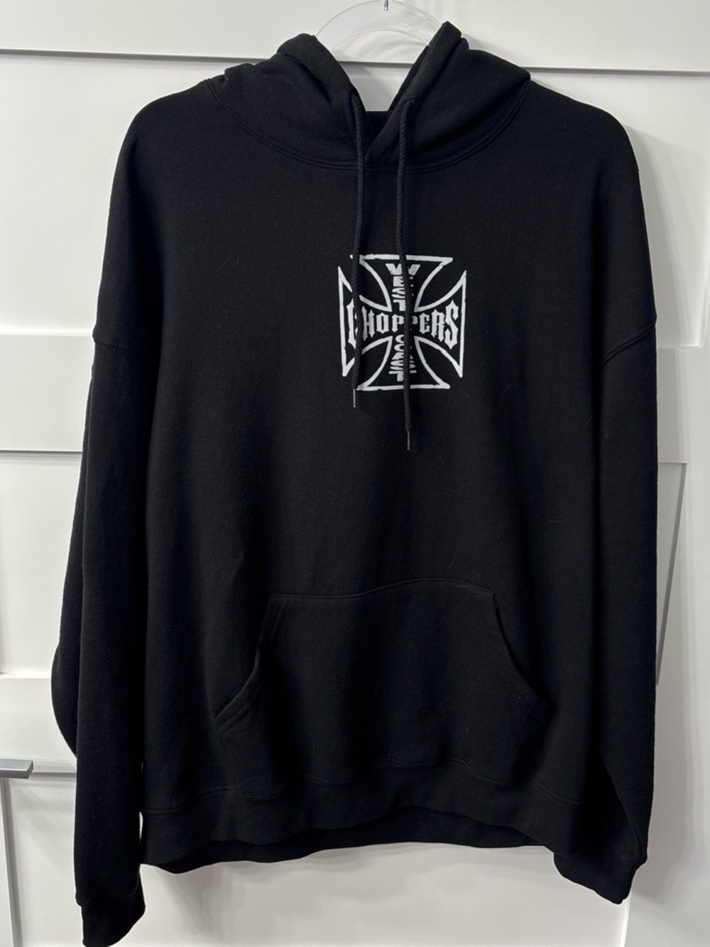 Black Graphic Pullover Hoodie with White Cross Emblem